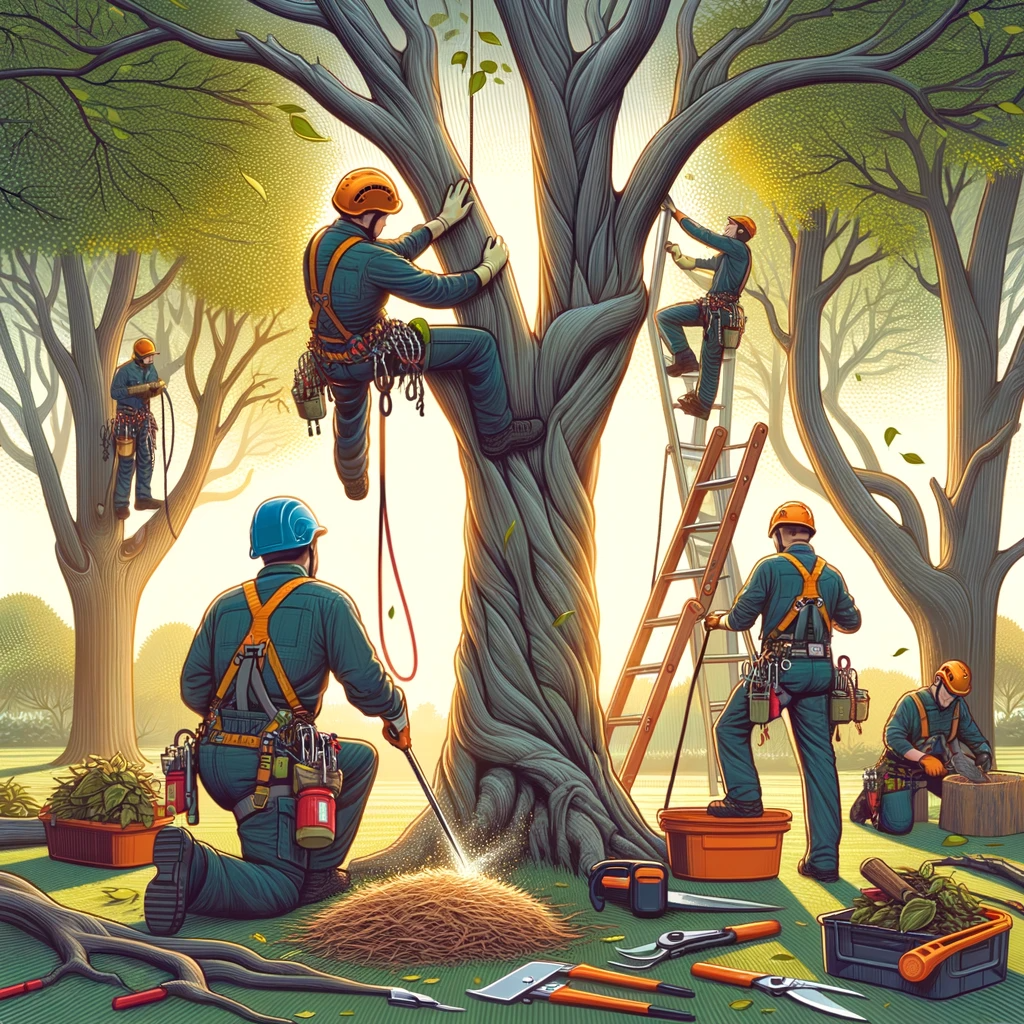 professional-tree-care-services.-The-scene-should-depict-a-team-of-arborists-wearing-safety-gear-like-helmets-and-har